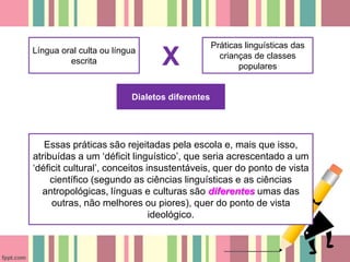 Língua oral culta ou língua
escrita X
Práticas linguísticas das
crianças de classes
populares
Dialetos diferentes
Essas práticas são rejeitadas pela escola e, mais que isso,
atribuídas a um ‘déficit linguístico’, que seria acrescentado a um
‘déficit cultural’, conceitos insustentáveis, quer do ponto de vista
científico (segundo as ciências linguísticas e as ciências
antropológicas, línguas e culturas são diferentes umas das
outras, não melhores ou piores), quer do ponto de vista
ideológico.
 