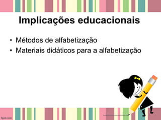 Implicações educacionais
• Métodos de alfabetização
• Materiais didáticos para a alfabetização
 