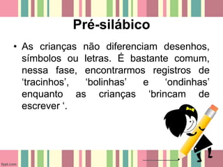Pré-silábico
• As crianças não diferenciam desenhos,
símbolos ou letras. É bastante comum,
nessa fase, encontrarmos registros de
‘tracinhos’, ‘bolinhas’ e ‘ondinhas’
enquanto as crianças ‘brincam de
escrever ‘.
 