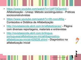 • https://www.youtube.com/watch?v=1j4PT9OpmhA -
Alfabetização - Unesp: Método sociolinguístico - Práticas
socioconstrutivistas
• https://www.youtube.com/watch?v=0h-nociJ8Sg -
Conteúdos e Didática de Alfabetização
• http://revistaescola.abril.com.br/alfabetizacao/ - Página
com diversas reportagens, materiais e entrevistas
• http://revistaescola.abril.com.br/lingua-
portuguesa/alfabetizacao-inicial/diagnostico-
alfabetizacao-inicial-429226.shtml - Diagnóstico na
alfabetização inicial
 