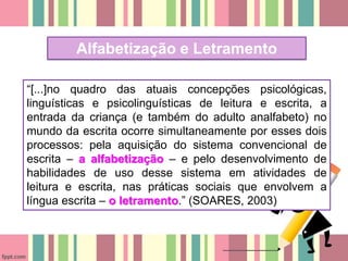 Alfabetização e Letramento
“[...]no quadro das atuais concepções psicológicas,
linguísticas e psicolinguísticas de leitura e escrita, a
entrada da criança (e também do adulto analfabeto) no
mundo da escrita ocorre simultaneamente por esses dois
processos: pela aquisição do sistema convencional de
escrita – a alfabetização – e pelo desenvolvimento de
habilidades de uso desse sistema em atividades de
leitura e escrita, nas práticas sociais que envolvem a
língua escrita – o letramento.” (SOARES, 2003)
 