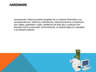 HARDWARE



 corresponde a todas las partes tangibles de un sistema informático; sus
 componentes son: eléctricos, electrónicos, electromecánicos y mecánicos.
 Son cables, gabinetes o cajas, periféricos de todo tipo y cualquier otro
 elemento físico involucrado; contrariamente, el soporte lógico es intangible
 y es llamado software
 