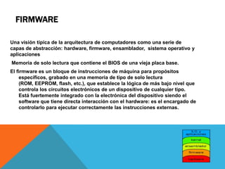 FIRMWARE

Una visión típica de la arquitectura de computadores como una serie de
capas de abstracción: hardware, firmware, ensamblador, sistema operativo y
aplicaciones
Memoria de solo lectura que contiene el BIOS de una vieja placa base.
El firmware es un bloque de instrucciones de máquina para propósitos
    específicos, grabado en una memoria de tipo de solo lectura
    (ROM, EEPROM, flash, etc.), que establece la lógica de más bajo nivel que
    controla los circuitos electrónicos de un dispositivo de cualquier tipo.
    Está fuertemente integrado con la electrónica del dispositivo siendo el
    software que tiene directa interacción con el hardware: es el encargado de
    controlarlo para ejecutar correctamente las instrucciones externas.
 