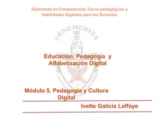 Diplomado en Competencias Tecno-pedagógicas y
       Habilidades Digitales para los Docentes




       Educación, Pedagogía y
        Alfabetización Digital



Módulo 5. Pedagogía y Cultura
           Digital
                   Ivette Galicia Laffaye
 