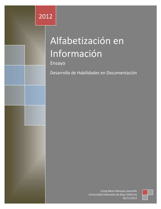 2012


   Alfabetización en
   Información
   Ensayo
   Desarrollo de Habilidades en Documentación




                               Irving Alexis Marquez Jaramillo
                     Universidad Autonoma de Baja California
                                                  05/11/2012
 