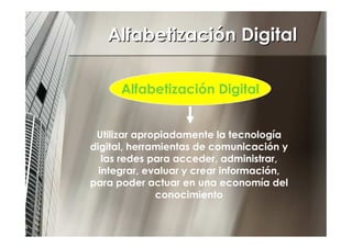 Alfabetización Digital

      Alfabetización Digital


 Utilizar apropiadamente la tecnología
digital, herramientas de com...