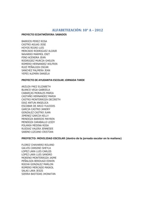 ALFABETIZACIÓN: 10° A – 2012
PROYECTO ECOATMÓSFERA: SABADOS

BARRIOS PEREZ ROSA
CASTRO AGUAS JOSE
HOYOS ROJAS LUIS
MERCADO RODRIGUEZ ALDAIR
NAVARRO MARMOL ENIT
PINO ACENDRA JEAN
RODRIGIEZ MURCIA GHELEN
ROMERO HERNANDEZ WILFRIN
RUIZ PEÑALOZA OSCAR
SANCHEZ PALMERA JEAN
YEPES ALEMÁN DANIELA

PROYECTO DE AYUDANTIA ESCOLAR: JORNADA TARDE

ARZUZA PAEZ ELIZABETH
BLANCO VEGA GABRIELA
CABARCAS MORALES MARIA
CASTAÑO HERNANDEZ MARIA
CASTRO MONTERROZA DECIRETH
DIAZ ANTUN ANGELICA
ESCOBAR DE ARCO YULEIDIS
GARCIA CASTRO JANDRY
GONZALEZ CASTRO JUAN
JIMENEZ GARCIA KELLY
MENDOZA BARRIOS MAYREN
MENDOZA CARABALLO LEIDY
POLANIA MEDINA ROSA
RUIDIAZ VALERA JENNESEE
SABINO LIZCANO CRISTIAN

PROYECTO: MOVILIDAD ESCOLAR (dentro de la jornada escolar en la mañana)

FLOREZ CHAVARRO ROLAND
GALVIS CANSINO SHEYLA
LOPEZ LARA LUIS CARLOS
LOPEZ LARA LUIS SANDRO
MORENO MONTERROZA JAIME
PEÑALOZA BERDUGO EDWIN
ROCHA GONZALEZ MARLON
ROMERO MERCADO MAIKOL
SALAS LARA JESÚS
SIERRA BASTIDAS JHONATAN
 