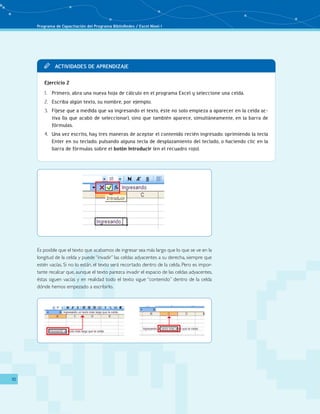 Programa de Capacitación del Programa BiblioRedes / Excel Nivel I
10
Actividades de aprendizajeTT
Ejercicio 2
Primero, abra una nueva hoja de cálculo en el programa Excel y seleccione una celda.1.	
Escriba algún texto, su nombre, por ejemplo.2.	
Fíjese que a medida que va ingresando el texto, éste no solo empieza a aparecer en la celda ac-3.	
tiva (la que acabó de seleccionar), sino que también aparece, simultáneamente, en la barra de
fórmulas.
Una vez escrito, hay tres maneras de aceptar el contenido recién ingresado: oprimiendo la tecla4.	
Enter en su teclado; pulsando alguna tecla de desplazamiento del teclado, o haciendo clic en la
barra de fórmulas sobre el botón Introducir (en el recuadro rojo).
Es posible que el texto que acabamos de ingresar sea más largo que lo que se ve en la
longitud de la celda y puede “invadir” las celdas adyacentes a su derecha, siempre que
estén vacías. Si no lo están, el texto será recortado dentro de la celda. Pero es impor-
tante recalcar que, aunque el texto parezca invadir el espacio de las celdas adyacentes,
éstas siguen vacías y en realidad todo el texto sigue “contenido” dentro de la celda
dónde hemos empezado a escribirlo.
 