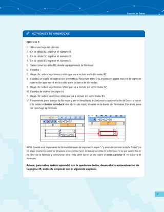 Creación de Tablas
17
Actividades de aprendizajeTT
Ejercicio 3
Abra una hoja de cálculo1.	
En la celda B2, ingrese el número 8.2.	
En la celda C2, ingrese el número 11.3.	
En la celda B3, ingrese el número 5.4.	
Seleccione la celda D2, donde agregaremos la fórmula.5.	
Escriba =.6.	
Haga clic sobre la primera celda que va a incluir en la fórmula: B2.7.	
Escriba un signo de operación aritmética. Para este ejercicio, escriba el signo más (+). El signo de8.	
operación aparecerá en la celda y en la barra de fórmulas.
Haga clic sobre la próxima celda que va a incluir en la fórmula: C2.9.	
Escriba de nuevo un signo (+).10.	
Haga clic sobre la última celda que va a incluir en la fórmula: B3.11.	
Finalmente, para validar la fórmula y ver el resultado, es necesario oprimir la tecla Enter o hacer12.	
clic sobre el botón Introducir (en el círculo rojo), situado en la barra de fórmulas. Con este paso
se concluye la fórmula.
NOTA: Cuando esté ingresando la fórmula (después de ingresar el signo “=” y antes de oprimir la tecla “Enter”), si
en algún momento usted se desplaza a otra celda, Excel incluirá esa celda en la fórmula. Si lo que quiere hacer
es cancelar la fórmula y seleccionar otra celda, debe hacer un clic sobre el botón cancelar X  en la barra de
fórmulas.
	 Ahora, para saber cuánto aprendió o si le quedaron dudas, desarrolle la autoevaluación de
la página 29, antes de empezar con el siguiente capítulo.
 