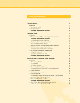 Tabla de Contenidos
Conceptos Básicos	 5
Introducción	 5
1.	 Abrir Hojas de Cálculo	 5
2.	 Conceptos Básicos	 5
Actividades de aprendizaje: Ejercicio 1	 8
Creación de Tablas	 9
Introducción	 9
1.	 Cómo ingresar y modificar números y textos en una celda 	 9
Actividades de aprendizaje: Ejercicio 2	 10
1.1.	 Cómo borrar el contenido de una celda	 11
1.2.	 Cómo modificar el contenido de una celda	 11
1.3.	 La función Autocompletar de Excel	 13
2.	 Selección de rangos de celdas adyacentes y no adyacentes	 13
2.1.	 Selección de un rango de celdas contiguas	 13
2.2.	Selección de un rango de celdas no adyacentes 	 14
3.	 Los diferentes componentes de una fórmula	 15
3.1. Signos de operaciones	 15
3.2.	Ingresar una referencia una celda	 16
Actividades de aprendizaje: Ejercicio 3	 17
Uso de Funciones y Creación de Tablas Dinámicas	 18
Introducción	 18
1.	 Cómo usar una función	 18
1.1. 	 Argumentos	 18
1.2. 	Nombres de función	 19
2.	 Cómo usar el Asistente de Funciones	 19
2.1.	 Cómo ingresar una función usando el Asistente de Funciones	 19
3.	 El botón Autosuma	 22
3.1.	 Cómo usar el botón Autosuma	 22
4.	 La función Promedio	 23
4.1.	 Cómo usar el Asistente de Funciones para ingresar la función Promedio	 23
Actividades de aprendizaje: Ejercicio 4	 24
5.	 Cómo usar la función de Autofiltro	 25
Actividades de aprendizaje: Ejercicio 5	 26
6.	 Cómo ordenar datos en orden alfabético y numérico	 28
Actividades de aprendizaje: Ejercicio 6	 28
 