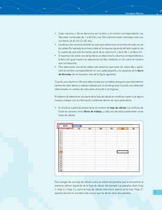 Conceptos Básicos
7
Cada columna o fila se denomina por la letra o el número correspondiente. Las•	
filas están numeradas de 1 a 65.536 y las 256 columnas están marcadas, cada una,
con letras (A, B, CH, CI, DE, etc).
Las letras y los números también se usan para determinar el nombre de cada una de•	
las celdas.Por ejemplo,la primera celda en la esquina izquierda del lado superior de
la cuadrícula, que está formando parte de la columna A y de la fila 1, se llama A1.
Si hacemos clic sobre una de las letras, se selecciona la columna correspondiente a•	
la letra. De igual manera se seleccionan las filas mediante un clic sobre el número
que corresponda.
Para seleccionar una de las celdas solo tenemos que hacer clic sobre ella y apare-•	
cerá el nombre correspondiente en una casilla pequeña a la izquierda de la barra
de fórmulas (en el recuadro rojo de la figura siguiente).
Cuando una columna o fila está seleccionada por completo,el espacio que está adentro
cambia de color blanco a celeste rodeado por un borde grueso.Cuando una celda está
seleccionada, no cambia de color, pero el borde sí se engrosa.
El objetivo de seleccionar una parte de la hoja de cálculo es modificar,copiar o,de alguna
manera, trabajar con la información contenida dentro de esos parámetros.
En Excel, la cuadrícula entera tiene el nombre de•	 hoja de cálculo. Los archivos de
Excel se conocen como libros de trabajo, y cada uno de estos puede tener varias
hojas de cálculo.
Para navegar de una hoja de cálculo a otra, se utilizan las pestañas que se encuentran al
extremo inferior izquierdo de la hoja de cálculo del ejemplo. Las pestañas dicen Hoja
1, Hoja 2 y Hoja 3 y, como la hoja de cálculo está ahora abierta en la hoja “Hoja 2”,
aparece escrito en una letra más oscura que las de las otras dos pestañas.
 