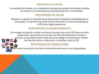 Periféricos de entrada
Un periférico de entrada, es un dispositivo utilizado para proporcionar datos y señales
de control a la unidad central de procesamiento de un computador
PERIFERICOS DE SALIDA
Muestran al usuario el resultado de las operaciones realizadas o procesadas por el
computador. Un periférico de salida recibe información la cual es procesada por
el CPU para luego reproducirla.
PERIFERICOS DE ALMACENAMIENTO
Se encargan de guardar o salvar los datos de los que hace uso la CPU para que ésta
pueda hacer uso de ellos una vez que han sido eliminados de la memoria
principal, ya que ésta se borra cada vez que se apaga la computadora. Pueden
ser internos, como un disco duro, o extraíbles, como un CD
PERIFERICOS DE CONECTIVIDAD
Su funcion es permitir o facilitar la interaccion entre dos o mas computadoras
 