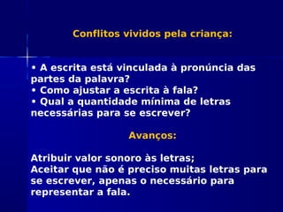 Conflitos vividos pela criança:
• A escrita está vinculada à pronúncia das
partes da palavra?
• Como ajustar a escrita à fala?
• Qual a quantidade mínima de letras
necessárias para se escrever?
Avanços:
Atribuir valor sonoro às letras;
Aceitar que não é preciso muitas letras para
se escrever, apenas o necessário para
representar a fala.
 