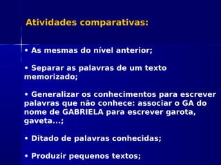 • As mesmas do nível anterior;
• Separar as palavras de um texto
memorizado;
• Generalizar os conhecimentos para escrever
palavras que não conhece: associar o GA do
nome de GABRIELA para escrever garota,
gaveta...;
• Ditado de palavras conhecidas;
• Produzir pequenos textos;
Atividades comparativas:
 