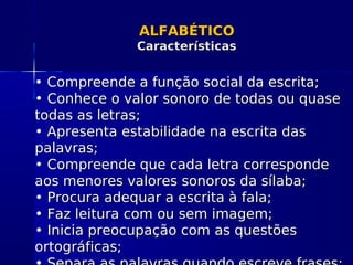 ALFABÉTICOALFABÉTICO
CaracterísticasCaracterísticas
•• Compreende a função social da escrita;Compreende a função social da escrita;
• Conhece o valor sonoro de todas ou quase• Conhece o valor sonoro de todas ou quase
todas as letras;todas as letras;
• Apresenta estabilidade na escrita das• Apresenta estabilidade na escrita das
palavras;palavras;
• Compreende que cada letra corresponde• Compreende que cada letra corresponde
aos menores valores sonoros da sílaba;aos menores valores sonoros da sílaba;
• Procura adequar a escrita à fala;• Procura adequar a escrita à fala;
• Faz leitura com ou sem imagem;• Faz leitura com ou sem imagem;
• Inicia preocupação com as questões• Inicia preocupação com as questões
ortográficas;ortográficas;
 