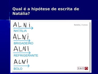 Qual é a hipótese de escrita deQual é a hipótese de escrita de
Natália?Natália?
 