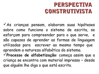 PPEERRSSPPEECCTTIIVVAA 
CCOONNSSTTRRUUTTIIVVIISSTTAA 
As crianças pensam, elaboram suas hipóteses 
sobre como funciona o sistema de escrita, se 
esforçam para compreender para o que serve, e 
são capazes de aprender as formas de linguagem 
utilizadas para escrever ao mesmo tempo que 
aprendem a natureza alfabética do sistema. 
Processo de alfabetização: começa assim que a 
criança se encontra com material impresso – desde 
que alguém lhe diga o que está escrito. 
 