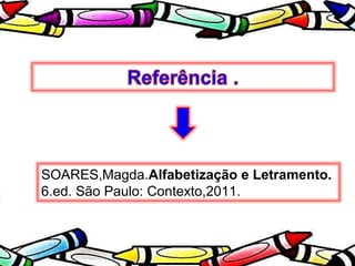 SOARES,Magda.Alfabetização e Letramento.
6.ed. São Paulo: Contexto,2011.
 