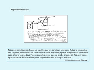 Registro do Maurício
Todos nós comsiguimos chegar a o objetivo que era comsiguir afumdar e flutuar o submarino.
Nós sugamos o canudinho e o submarino afundou e quamdo a gente assoprava e o submarino
subia e ficava sobrea água Proque quando a gente assopra e sobe pro que ele fica com menor
água e sobe ele dese quando a gente suga ele fica com mais água e afunda.
Atividade do submarino - Maurício
 