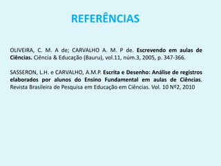 REFERÊNCIAS
OLIVEIRA, C. M. A de; CARVALHO A. M. P de. Escrevendo em aulas de
Ciências. Ciência & Educação (Bauru), vol.11, núm.3, 2005, p. 347-366.
SASSERON, L.H. e CARVALHO, A.M.P. Escrita e Desenho: Análise de registros
elaborados por alunos do Ensino Fundamental em aulas de Ciências.
Revista Brasileira de Pesquisa em Educação em Ciências. Vol. 10 Nº2, 2010
 