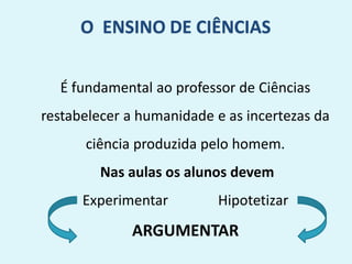 É fundamental ao professor de Ciências
restabelecer a humanidade e as incertezas da
ciência produzida pelo homem.
Nas aulas os alunos devem
Experimentar Hipotetizar
ARGUMENTAR
O ENSINO DE CIÊNCIAS
 