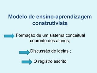 Modelo de ensino-aprendizagem
construtivista
Formação de um sistema conceitual
coerente dos alunos;
Discussão de ideias ;
O registro escrito.
 