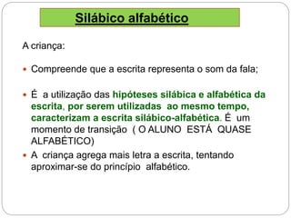 A criança:
 Compreende que a escrita representa o som da fala;
 É a utilização das hipóteses silábica e alfabética da
escrita, por serem utilizadas ao mesmo tempo,
caracterizam a escrita silábico-alfabética. É um
momento de transição ( O ALUNO ESTÁ QUASE
ALFABÉTICO)
 A criança agrega mais letra a escrita, tentando
aproximar-se do princípio alfabético.
Silábico alfabético
 