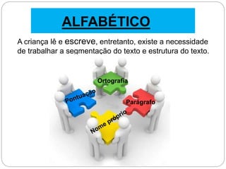 A criança lê e escreve, entretanto, existe a necessidade
de trabalhar a segmentação do texto e estrutura do texto.
ALFABÉTICO
Ortografia
Parágrafo
 