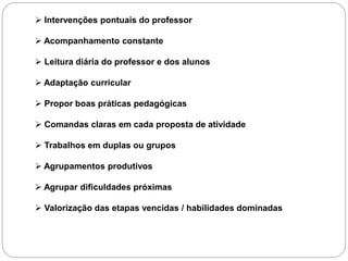  Intervenções pontuais do professor
 Acompanhamento constante
 Leitura diária do professor e dos alunos
 Adaptação curricular
 Propor boas práticas pedagógicas
 Comandas claras em cada proposta de atividade
 Trabalhos em duplas ou grupos
 Agrupamentos produtivos
 Agrupar dificuldades próximas
 Valorização das etapas vencidas / habilidades dominadas
 