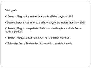 Bibliografia
 Soares, Magda: As muitas facetas da alfabetização - 1985
Soares, Magda: Letramento e alfabetização: as muitas facetas – 2003
 Soares, Magda: em palestra 2014 – Alfabetização na Idade Certa:
teoria e práticas
 Soares, Magda: Letramento: Um tema em três gêneros
 Tebersky, Ana e Tolchinsky, Liliana: Além da alfabetização.
 