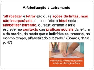 Alfabetização e Letramento
“alfabetizar e letrar são duas ações distintas, mas
não inseparáveis, ao contrário: o ideal seria
alfabetizar letrando, ou seja: ensinar a ler e
escrever no contexto das práticas sociais da leitura
e da escrita, de modo que o indivíduo se tornasse, ao
mesmo tempo, alfabetizado e letrado.” (Soares, 1998,
p. 47)
 