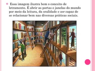 Essa imagem ilustra bem o conceito de letramento. É abrir as portas e janelas do mundo por meio da leitura, da oralidade e ser capaz de se relacionar bem nas diversas práticas sociais. 