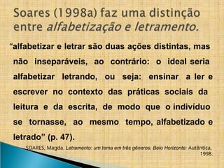 “alfabetizar e letrar são duas ações distintas, mas
não inseparáveis, ao contrário: o ideal seria
alfabetizar letrando, ou seja: ensinar a ler e
escrever no contexto das práticas sociais da
leitura e da escrita, de modo que o indivíduo
se tornasse, ao mesmo tempo, alfabetizado e
letrado” (p. 47).
SOARES, Magda. Letramento: um tema em três gêneros. Belo Horizonte: Autêntica,
1998.
 