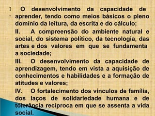 I
-
O desenvolvimento da capacidade de
aprender, tendo como meios básicos o pleno
domínio da leitura, da escrita e do cálculo;
II. A compreensão do ambiente natural e
social, do sistema político, da tecnologia, das
artes e dos valores em que se fundamenta
a sociedade;
III. O desenvolvimento da capacidade de
aprendizagem, tendo em vista a aquisição de
conhecimentos e habilidades e a formação de
atitudes e valores;
IV. O fortalecimento dos vínculos de família,
dos laços de solidariedade humana e de
tolerância recíproca em que se assenta a vida
social.
 