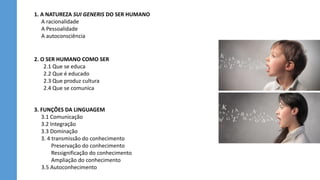 2. O SER HUMANO COMO SER
2.1 Que se educa
2.2 Que é educado
2.3 Que produz cultura
2.4 Que se comunica
3. FUNÇÕES DA LINGUAGEM
3.1 Comunicação
3.2 Integração
3.3 Dominação
3. 4 transmissão do conhecimento
Preservação do conhecimento
Ressignificação do conhecimento
Ampliação do conhecimento
3.5 Autoconhecimento
1. A NATUREZA SUI GENERIS DO SER HUMANO
A racionalidade
A Pessoalidade
A autoconsciência
 
