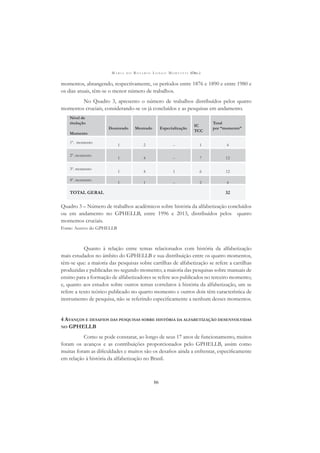 M A R I A D O R O S Á R I O L O N G O M O R T A T T I (ORG.)
86
momentos, abrangendo, respectivamente, os períodos entre 1876 e 1890 e entre 1980 e
os dias atuais, têm-se o menor número de trabalhos.
No Quadro 3, apresento o número de trabalhos distribuídos pelos quatro
momentos cruciais, considerando-se os já concluídos e as pesquisas em andamento.
Nível de
titulação
Momento
Doutorado Mestrado Especialização
IC
TCC
Total
por “momento”
1º. momento
1 2 -- 1 4
2º. momento
1 4 -- 7 12
3º. momento
1 4 1 6 12
4º. momento
1 1 -- 2 4
TOTAL GERAL 32
Quadro 3 – Número de trabalhos acadêmicos sobre história da alfabetização concluídos
ou em andamento no GPHELLB, entre 1996 e 2013, distribuídos pelos quatro
momentos cruciais.
Fonte: Acervo do GPHELLB
Quanto à relação entre temas relacionados com história da alfabetização
mais estudados no âmbito do GPHELLB e sua distribuição entre os quatro momentos,
têm-se que: a maioria das pesquisas sobre cartilhas de alfabetização se refere a cartilhas
produzidas e publicadas no segundo momento; a maioria das pesquisas sobre manuais de
ensino para a formação de alfabetizadores se refere aos publicados no terceiro momento;
e, quanto aos estudos sobre outros temas correlatos à história da alfabetização, um se
refere a texto teórico publicado no quarto momento e outros dois têm característica de
instrumento de pesquisa, não se referindo especiﬁcamente a nenhum desses momentos.
4 AVANÇOS E DESAFIOS DAS PESQUISAS SOBRE HISTÓRIA DA ALFABETIZAÇÃO DESENVOLVIDAS
NO GPHELLB
Como se pode constatar, ao longo de seus 17 anos de funcionamento, muitos
foram os avanços e as contribuições proporcionados pelo GPHELLB, assim como
muitas foram as diﬁculdades e muitos são os desaﬁos ainda a enfrentar, especiﬁcamente
em relação à história da alfabetização no Brasil.
 