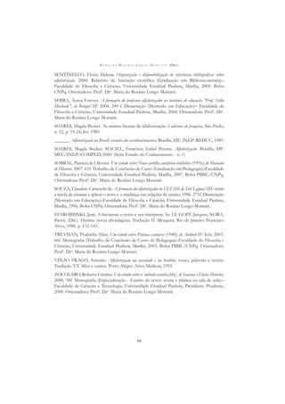M A R I A D O R O S Á R I O L O N G O M O R T A T T I (ORG.)
94
SENTINELLO, Eloísa Helena. Organização e disponibilização de referências bibliográﬁcas sobre
alfabetização. 2000. Relatório de Iniciação cientíﬁca (Graduação em Biblioteconomia)–
Faculdade de Filosoﬁa e Ciências, Universidade Estadual Paulista, Marília, 2000. Bolsa
CNPq. Orientadora: Profa
. Dra
. Maria do Rosário Longo Mortatti.
SERRA, Áurea Esteves. A formação do professor alfabetizador no instituto de educação “Prof. Stélio
Machado”, de Birigui/SP. 2004. 249 f. Dissertação (Mestrado em Educação)– Faculdade de
Filosoﬁa e Ciências, Universidade Estadual Paulista, Marília, 2004. Orientadora: Profa
. Dra
.
Maria do Rosário Longo Mortatti.
SOARES, Magda Becker. As muitas facetas da alfabetização. Cadernos de pesquisa, São Paulo,
n. 52, p. 19-24, fev. 1985.
______. Alfabetização no Brasil: estado do conhecimento. Brasília, DF: INEP: REDUC, 1989.
SOARES, Magda Becker; MACIEL, Francisca Izabel Pereira. Alfabetização. Brasília, DF:
MEC/INEP/COMPED, 2000. (Série Estado do Conhecimento - n. 1)
SOBRAL, Patrícia de Oliveira. Um estudo sobre Nova cartilha analytico-sinthética (1916), de Mariano
de Oliveira. 2007. 65f. Trabalho de Conclusão de Curso (Graduação em Pedagogia)–Faculdade
de Filosoﬁa e Ciências, Universidade Estadual Paulista, Marília, 2007. Bolsa PIBIC/CNPq.
Orientadora: Profa
. Dra
. Maria do Rosário Longo Mortatti.
SOUZA, Claudete Cameschi de. A formação do alfabetizador no CEFAM de Três Lagoas/MS: entre
a tarefa de ensinar a aplicar o novo e a mudança nas relações de ensino. 1996. 273f. Dissertação
(Mestrado em Educação)–Faculdade de Filosoﬁa e Ciências, Universidade Estadual Paulista,
Marília, 1996. Bolsa CNPq. Orientadora: Profa
. Dra
. Maria do Rosário Longo Mortatti.
STAROBISNKI, Jean. A literatura: o texto e seu intérprete. In: LE GOFF, Jacques; NORA,
Pierre. (Dir.). História: novas abordagens. Tradução H. Mesquita. Rio de Janeiro: Francisco
Alves, 1988. p. 132-143.
TREVISAN, Thabatha Aline. Um estudo sobre Práticas escolares (1940), de Antônio D’Ávila. 2003.
66f. Monograﬁa (Trabalho de Conclusão de Curso de Pedagogia)–Faculdade de Filosoﬁa e
Ciências, Universidade Estadual Paulista, Marília, 2003. Bolsa PIBIC/CNPq. Orientadora:
Profa
. Dra
. Maria do Rosário Longo Mortatti.
VIÑAO FRAGO, Antonio. Alfabetização na sociedade e na história: vozes, palavras e textos.
Tradução T.T. Silva e outros. Porto Alegre: Artes Médicas, 1993.
ZOCOLARO, Roberta Cristina. Um estudo sobre o ‘método casinha feliz’, de Iracema e Eloísa Meireles.
2000. 58f. Monograﬁa (Especialização - Ensino do texto: teoria e prática na sala de aula)–
Faculdade de Ciências e Tecnologia, Universidade Estadual Paulista, Presidente Prudente,
2000. Orientadora: Profa
. Dra
. Maria do Rosário Longo Mortatti.
 