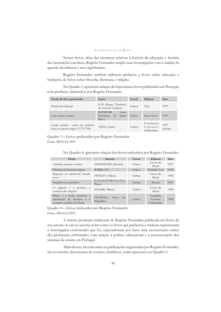 A L F A B E T I Z A Ç Ã O N O B R A S I L
43
Nesses livros, além das temáticas relativas à história da educação e história
das instituições escolares, Rogério Fernandes amplia suas investigações com a análise da
questão da infância e seus signiﬁcados.
Rogério Fernandes também elaborou prefácios a livros sobre educação e
traduções de livros sobre ﬁlosoﬁa, literatura, e religião.
No Quadro 3, apresento relação de importantes livros publicados em Portugal,
com prefácios elaborados por Rogério Fernandes.
Título do livro prefaciado Autor Local Editora Ano
História da Educação
GAL, Roger. (Tradução
de António Campos)
Lisboa Veja 1979
Como avaliar os alunos
BONBOIR, Anna.
(Tradução de Isabel
Brito)
Lisboa Seara Nova 1976
Estado absoluto e ensino das primeiras
letras: as escolas régias (1772-1794)
ADÃO, Áurea Lisboa
Fundação
C a l o u s t e
Gulbenkian
1997
(reimp.)
Quadro 3 – Livros prefaciados por Rogério Fernandes
Fonte: MELLO, 2010.
No Quadro 4, apresento relação dos livros traduzidos por Rogério Fernandes.
Título Autoria Local Editora Ano
Animais, homens e mitos LEWINSOHN, Richard. Lisboa
Livros do
Brasil
1957
História da literatura inglesa WARD, A.C. Lisboa Estúdios Cor 1960
Regresso ao admirável mundo
novo
HOXLEV, Aldous. Lisboa
Livros do
Brasil
1960
Inquérito ao marxismo
F O U G E Y R O L L A S ,
Pierre
Lisboa Moraes 1961
O sagrado e o profano: a
essência das religiões
ELIADE, Mircea. Lisboa
Livros do
Brasil
1980
Platão e a lenda socrática: a
idealização de Sócrates e o
utopismo político de Platão
VILHENA, Vasco de
Magalhães
Lisboa
Fundação
Calouste
Gulbenkian
1998
Quadro 4 – Livros traduzidos por Rogério Fernandes
Fonte: MELLO, 2010.
A intensa produção intelectual de Rogério Fernandes publicada em livros de
sua autoria ou em co-autoria assim como os livros que prefaciou e traduziu representam
o investigador conceituado que foi, especialmente por fazer uma reconstrução crítica
dos problemas enfrentados com relação à política educacional e a reestruturação dos
sistemas de ensino em Portugal.
Além dessas, são relevantes as publicações organizadas por Rogério Fernandes,
em co-autoria, decorrentes de eventos cientíﬁcos, como apresento no Quadro 5.
 