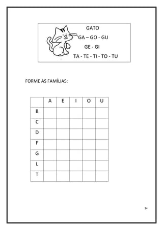 34
GATO
GA – GO - GU
GE - GI
TA - TE - TI - TO - TU
FORME AS FAMÍLIAS:
A E I O U
B
C
D
F
G
L
T
 