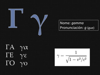Nome: gamma
        Pronunciación: g (gue)




ΓΑ γα
ΓΕ γε
ΓΟ γο
 