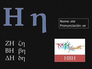 Nome: eta
        Pronunciación: ee




ΖΗ ζη
ΒΗ βη
ΔΗ δη     ΗΒΗ
 