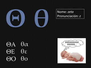 Θθ
        Nome: zeta
        Pronunciación: z




ΘΑ θα
ΘΕ θε
ΘΟ θο
 