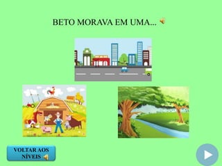 PARABÉNS!!!
VOCÊ ACERTOU.
TENTE
NOVAMENTE
TENTE
NOVAMENTE
BETO MORAVA EM UMA...
VOLTAR AOS
NÍVEIS
 