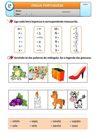 Liga cada letra impressa à correspondente manuscrita.
Data : / /
INFORMAÇÃO :
Nome :
LÍNGUA PORTUGUESA
1º
ANO
RUBRICA :
Servindo-te das palavras do retângulo, faz a legenda das gravuras.
m
n
v
r
s
x
M
N
V
R
S
X
vitelo
sala
sapo
vela
cavalo
sacola
sapato
uvas
 