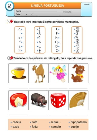 Liga cada letra impressa à correspondente manuscrita.
Data : / /
INFORMAÇÃO :
Nome :
LÍNGUA PORTUGUESA
1º
ANO
RUBRICA :
Servindo-te das palavras do retângulo, faz a legenda das gravuras.
q
l
d
f
c
h
L
F
H
Q
D
C
cadela
dado
café
fada
leque
camelo
hipopótamo
queijo
 