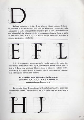Nada de particular en la letra D del alfabeto clasico romano, destacan-
do, si acaso, su notable anchura y su gran ojo. Fijese que, de acuerdo con la
caja-canon, el ancho (incluyendo los serifs) es igual al alto. Observe la forma
que adopta el vertice o angulo inferior a, con esa especie de serif que se repite
en otras letras como la B, la E y la L. Un detalle que da caracter y estilo a la
romana que estamos estudiando.




      E, F y L, responden a un mismo patron, con los bastones del centre lige-
ramente mas cortos en las letras E y F, con el baston inferior de la L identico
al de la E. Tome nota asimismo del nivel donde se situan los bastones centra-
les de la E y la F, comprobando de paso un aspecto importante que caracteri-
za el estilo de este tipo de letra, a saber:

              La situacion o altura del baston o division central,
              en las letras B, E, F, H, K, P, R y X, aparece, en
                        este tipo, siempre al mismo nivel.


      Sin novedad digna de mention en la H, en la I, en la J: tres letras cuyo
diseno es bien simple. Observe el ancho de la H, incluyendo los serifs, igual al
alto.
 