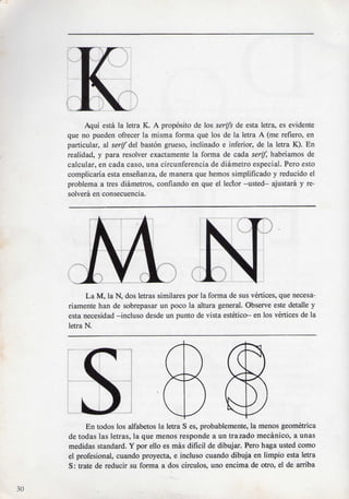 Aqui esta la letra K. A proposito de los serifs de esta letra, es evidente
     que no pueden ofrecer la misma forma que los de la letra A (me refiero, en
     particular, al serif dd baston grueso, inclinado e inferior, de la letra K). En
     realidad, y para resolver exactamente la forma de cada serif, habriamos de
     calcular, en cada caso, una circunferencia de diametro especial. Pero esto
     complicaria esta ensenanza, de manera que hemos simplificado y reducido el
     problema a tres diametros, confiando en que el lector —usted— ajustara y re-
     solvera en consecuencia.




           La M, la N, dos letras similares por la forma de sus vertices, que necesa-
     riamente han de sobrepasar un poco la altura general. Observe este detalle y
     esta necesidad —incluso desde un punto de vista estetico- en los vertices de la
     letra N.




           En todos los alfabetos la letra S es, probablemente, la menos geometrica
     de todas las letras, la que menos responde a un trazado mecanico, a unas
     medidas standard. Y por ello es mas dificil de dibujar. Pero haga usted como
     el profesional, cuando proyecta, e incluso cuando dibuja en limpio esta letra
     S: trate de reducir su forma a dos circulos, uno encima de otro, el de arriba

30
 