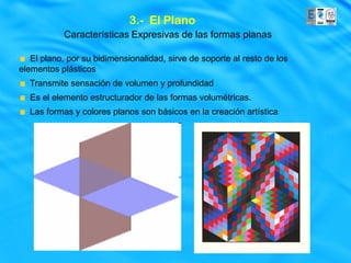 3.- El Plano
           Características Expresivas de las formas planas

   El plano, por su bidimensionalidad, sirve de soporte al resto de los
elementos plásticos
  Transmite sensación de volumen y profundidad
  Es el elemento estructurador de las formas volumétricas.
  Las formas y colores planos son básicos en la creación artística
 