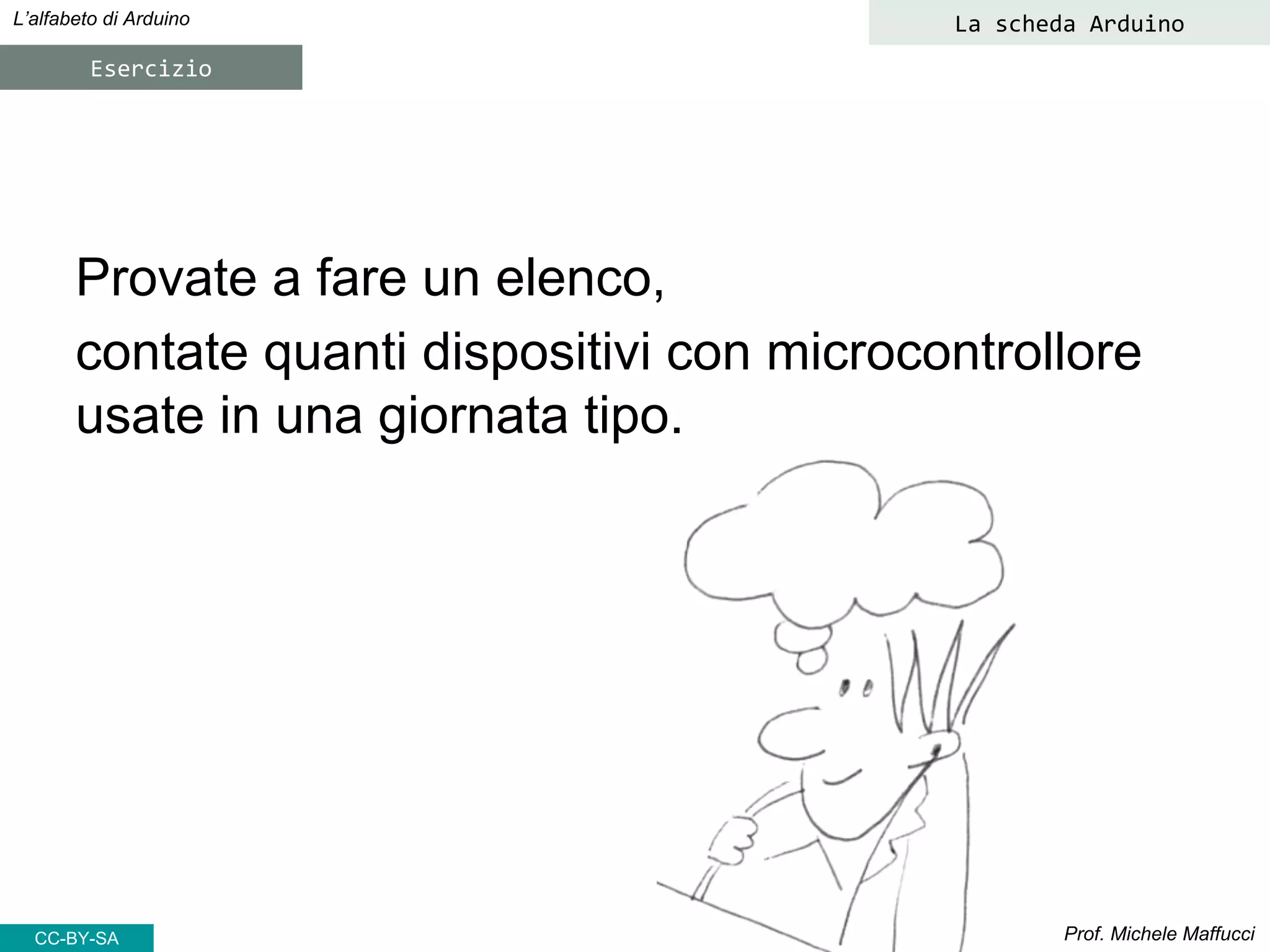 Prof. Michele Maffucci
L’alfabeto di Arduino La scheda Arduino
Esercizio
Provate a fare un elenco,
contate quanti dispositivi con microcontrollore
usate in una giornata tipo.
CC-BY-SA
 