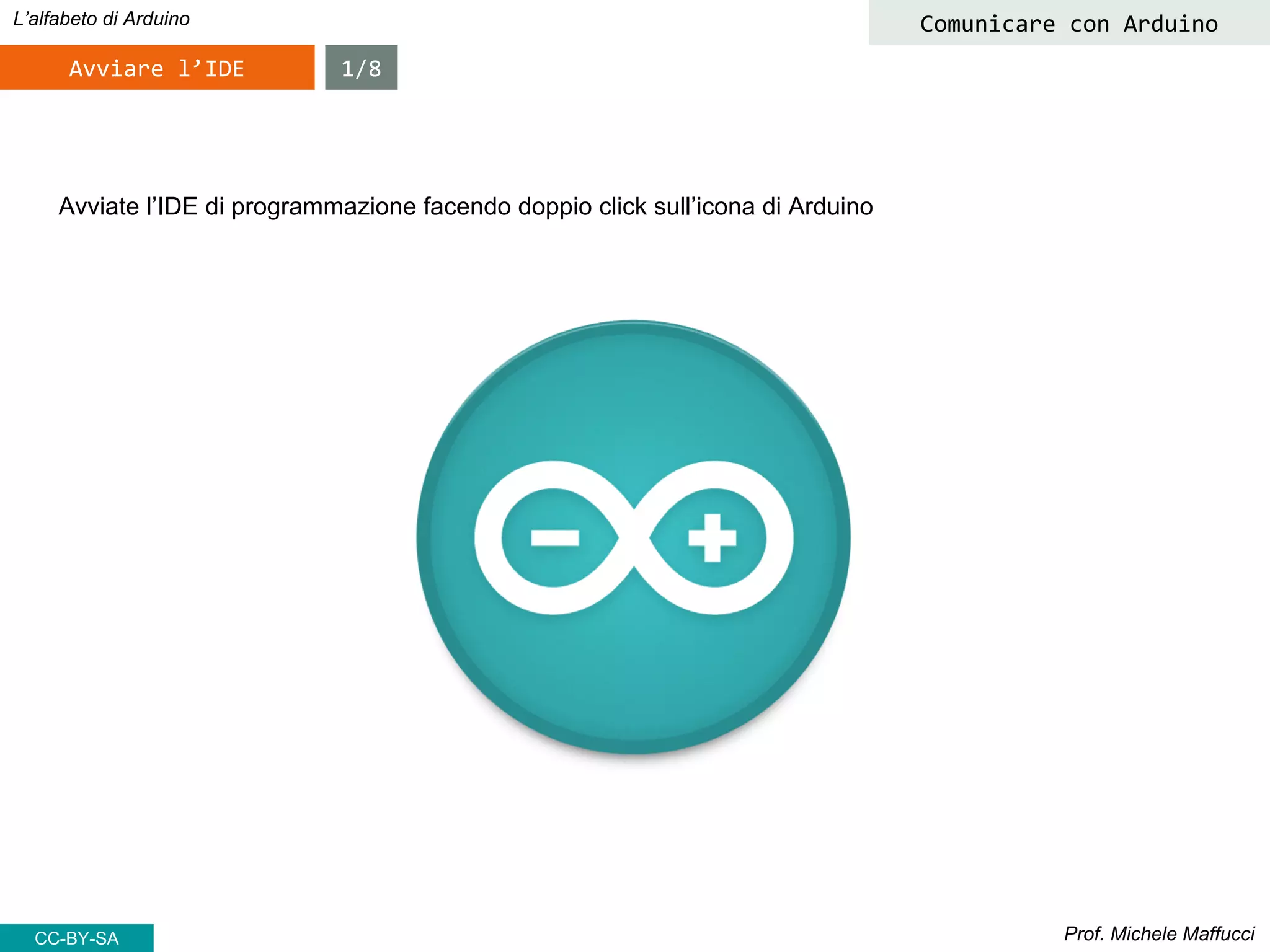 Prof. Michele Maffucci
L’alfabeto di Arduino
Avviare l’IDE
Comunicare con Arduino
Avviate l’IDE di programmazione facendo doppio click sull’icona di Arduino
1/8
CC-BY-SA
 